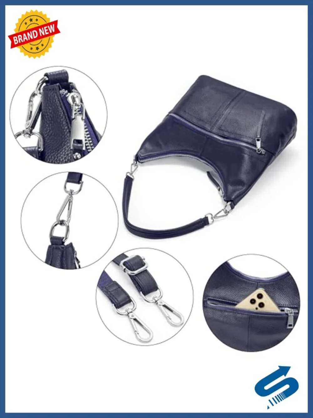 Genuine Leather Hobo Bag with Detachable Strap and Coin Purse